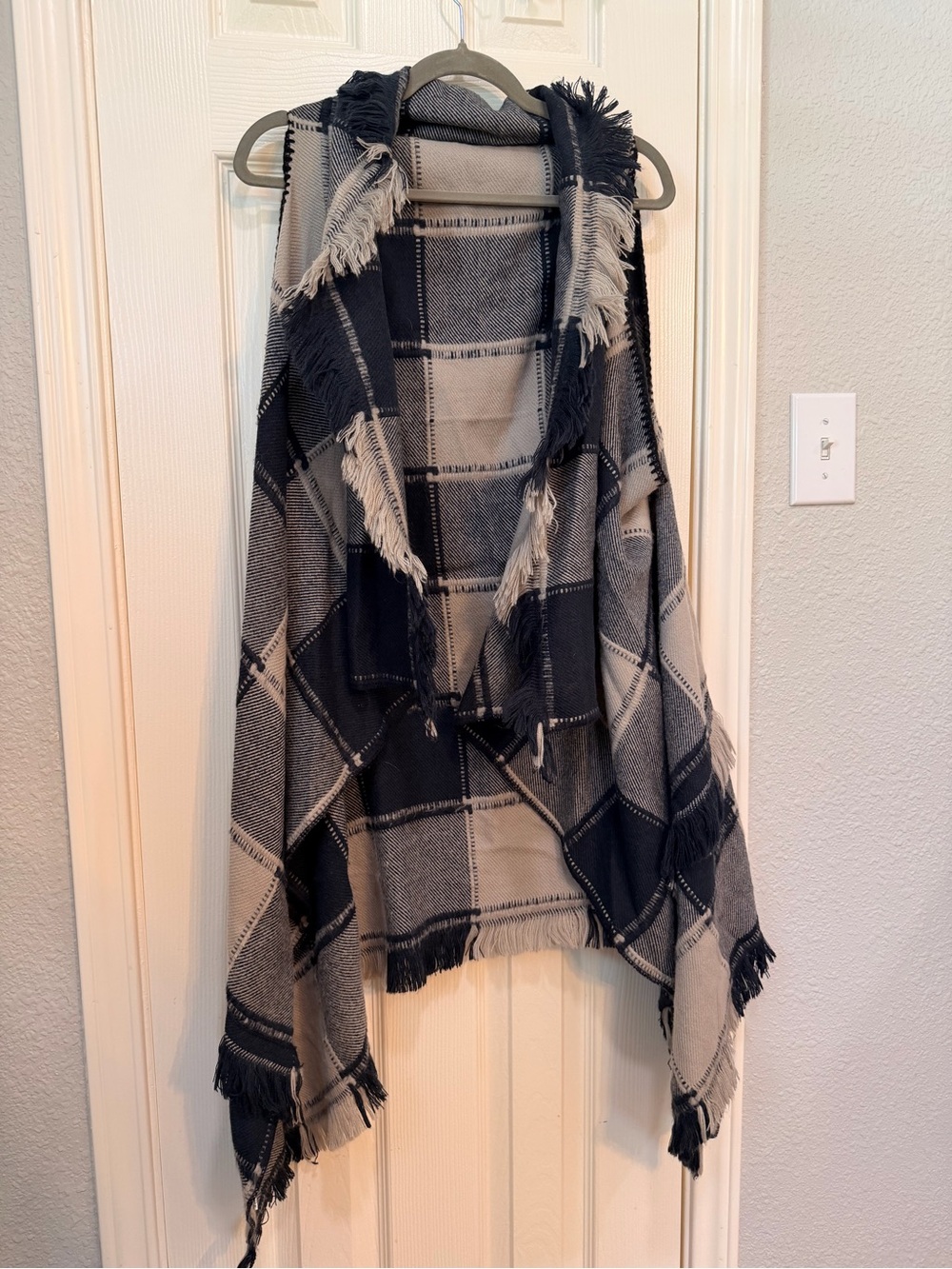 Fringed Plaid Poncho Vest - Navy & Cream